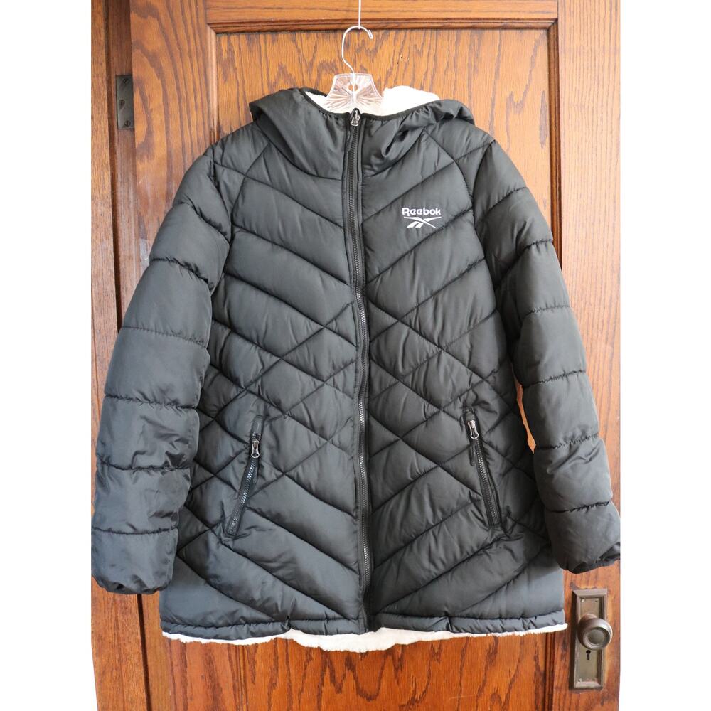 REEBOK Reversible Puffer Coat Women XL Black White Faux Fur Hooded Jacket Winter